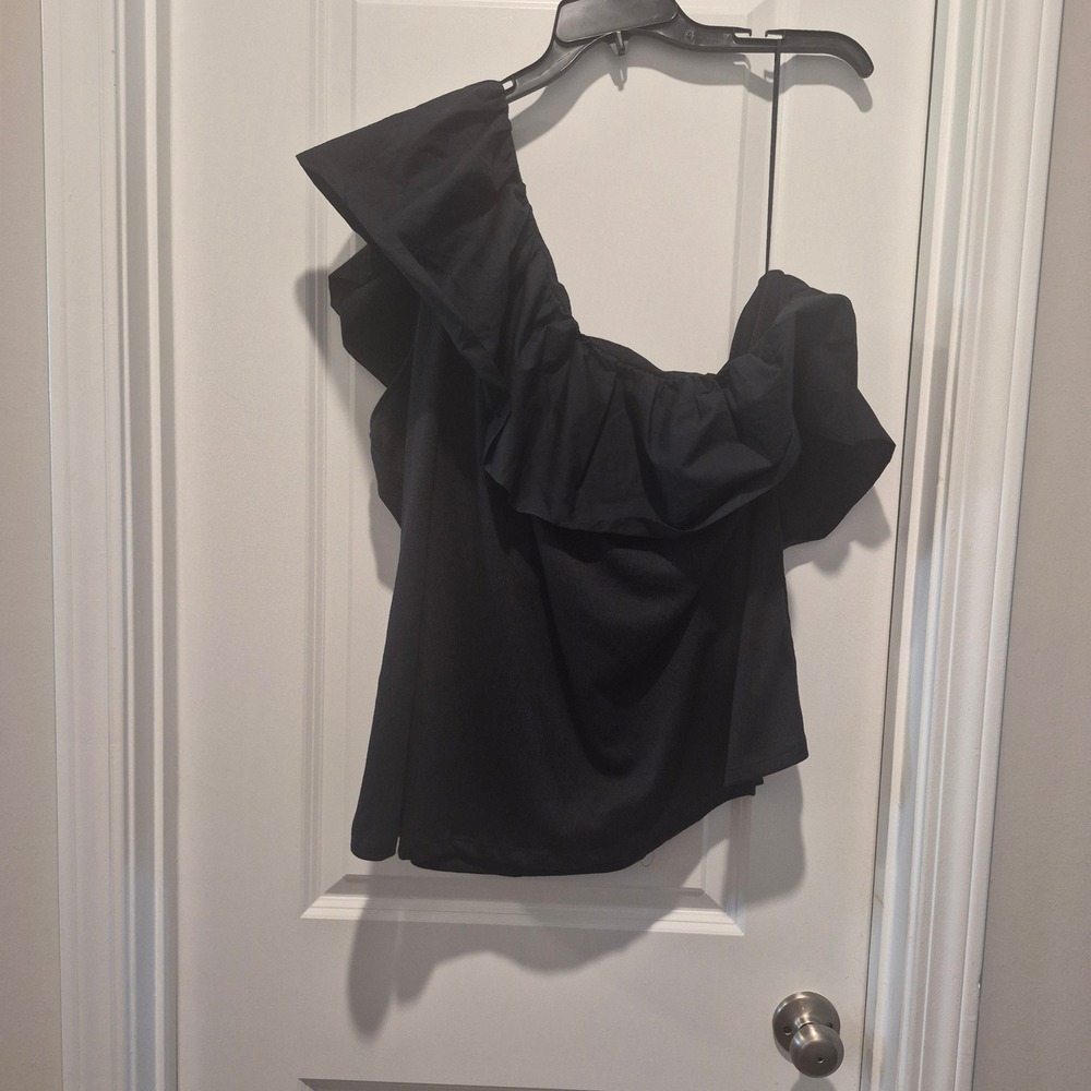 Who What Wear Black One Shoulder Ruffle Top Asymmetrical Tiered  Blouse Women 3X